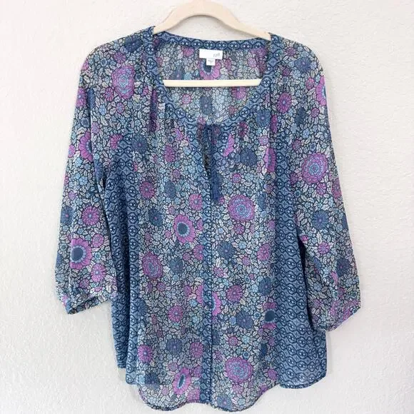 J. Jill Womens Blouse Top Size M Floral Flowy Sheer Boho Feminine Blue - Picture 1 of 8